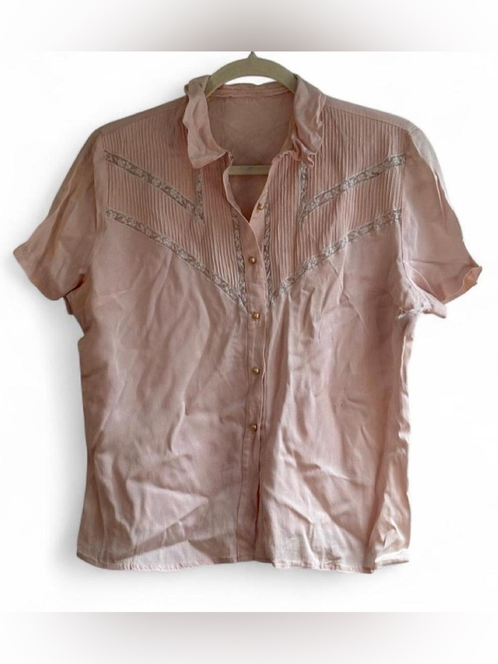 Vintage 1950s Alice Stuart Pale Pink & White Lace Short Sleeve Button Up Blouse
